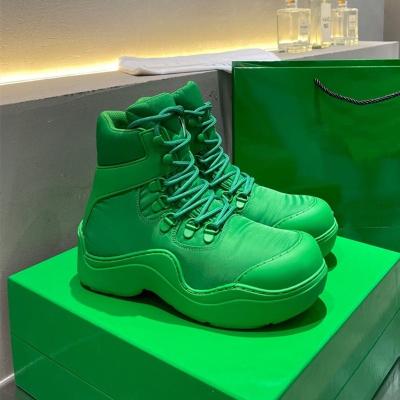 China Fashion trend designer high quality luxury shoes candy color platform raised green lace up ankle boots waterproof hiking boots women for sale