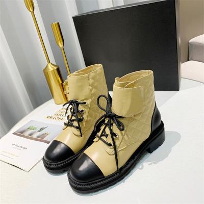 China New fashion trend women's winter boots British style patchwork color low comfortable heel lacing motorcycle short boots for sale