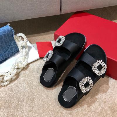 China New Women's Shoes Summer Fashion Trend Flat Bottom Square Outer Beach Wear Comfortable Rhinestone Button Leisure Slippers for sale