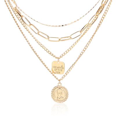 China European and American hip-hop multi-layer alloy retro style portrait coin necklace letter CLASSIC gold chain for sale