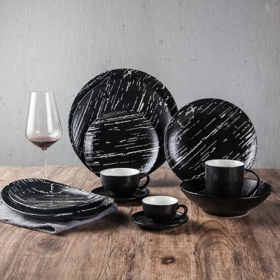 China Sustainable Restaurant Hotel Brand Dinnerware Set Matte Black Marble Porcelain Ceramic Dinnerware for sale