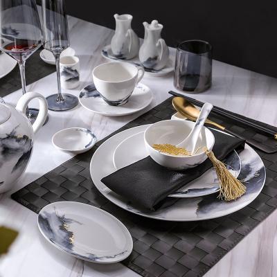 China 2020 Viable Landscape Tableware Set Gold Ceramic Tableware Set Wholesale Model Vajillas Line for sale