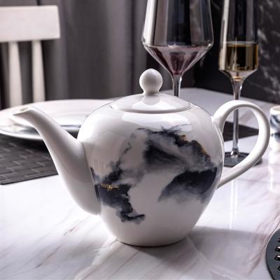 China Sustainable High Quality Porcelain Tableware With Gold Wire Coffee Pot 1200ml Ceramic Landscape Printing Teapot for sale