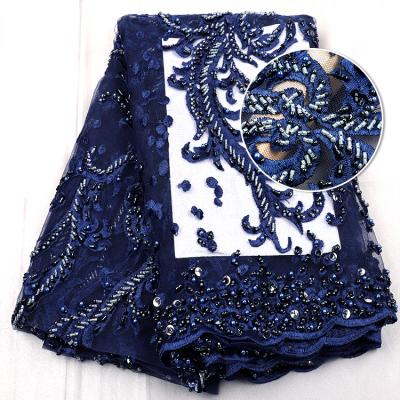 China ZO570 Viable Wholesale High Quality Egyptian Bead Fabric Blue And Gold Lace Embroidery Curtain Fabrics for sale