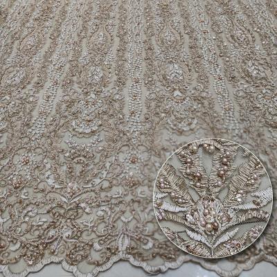 China Fabricu bridal Stain lace embroidery material pearl bead mesh embroidery viable lace fabric for sale