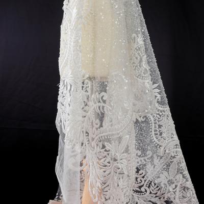 China Viable High Quality Current Cheap Lace Fabric Wedding Fabric MX408 Heavy Beaded Lace For Wedding Dress for sale