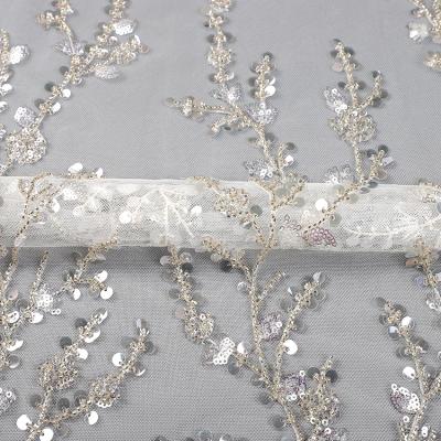 China Viable White MX650 Embroidery Lace Tulle Sequin Lace Fabric Beaded For Bride Wedding Dress for sale