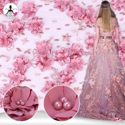 China Bridal beaded fabric latest 2021 MX323 3D African lace flower Nigerian pink viable color net fabric for woman dress for sale