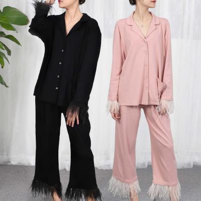 China Yanzi Cotton Sleepwear Ostrich Lapel Home Wear Long Sleeve QUICK DRY Feather Loungewear 2 Pieces Sets Pajamas Women for sale