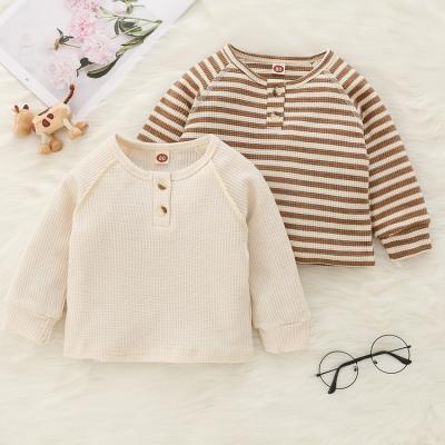 China Anti-wrinkle Soft Spring Long Sleeve 2pcs Set Waffle Solid Color Striped Waffle Knit Baby Clothes for sale