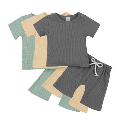 China Breathable Custom Baby Boy Suits T-Shirts And Shorts Waffle Cotton 2 Piece Summer Outfit Set For Toddler And Kids for sale