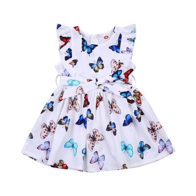 China Regular Infant Kids Baby Summer Dress 2021 Brand New Belted Ruffle Cute Sleeveless Round Neck Butterfly Print Dress for sale