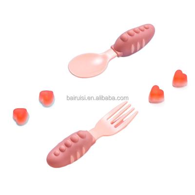 China Many In Stock BPA Free Toddler Led Weaning Spoon Early Stage Self Baby Training Feeding Utensil Silicone Baby Spoon And Fork Set for sale