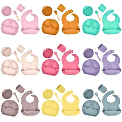 China BPA Free Silicone Tableware Baby Food Feeding Tray Dishes Custom Baby Dishes 5 Sets Silicone Include Cup Bib Dish Bowl Fork Spoon for sale