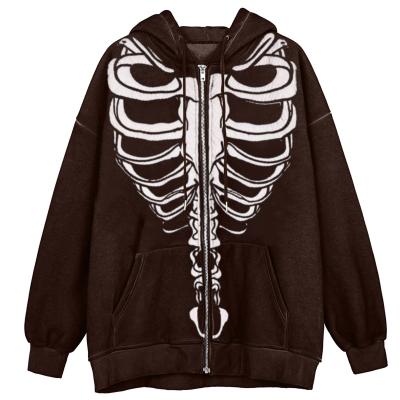 China Anti-wrinkle Women Skeleton Zip Up Hoodies Rhinestone Graphic Oversized Pullover Sweatshirt Goth Hooded Jacket With Pocket for sale