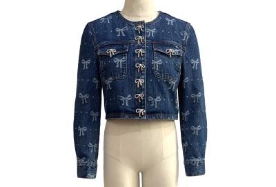 China All Over Bow Print Stylish Jean Jacket Speels En Vrouwelijk Look Jacket Te koop