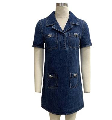 China Tailored Lapel Collar And Short Sleeve Denim Dress For A Polished Yet Casual Style for sale