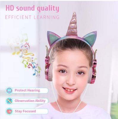 China Headband Led Cute Cat Unicorn Wired Earphones Headphones With Mic Microphone Speaker For Kids for sale