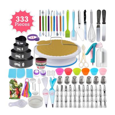 China Sustainable DUMO 333Pcs Kitchen Utensil Set Stainless Steel Sprinklers Rotating Turntable Stand Factory Cake Decorating Supplies Kit Set for sale