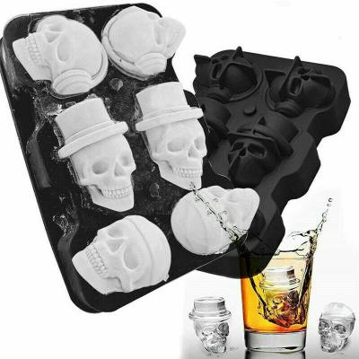 China DUMO 6 Cavity 3D Viable Skull Form Ice Cube Tray Mold Silicone Black Flexible Whiskey Ice Ball Maker Skull Silicone Mold for sale