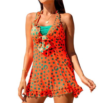 China 2021 New Arrivals Polka Dot Print 2pcs Cute Blue Orange Beach Swimwear Breathable Polka Dot Tankini With Boy Shorts for sale