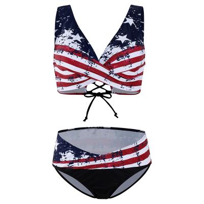 China Breathable American Flag Bikini Plus Size Swimsuit Women Swimwear 2021 Sexy USA Printing Bikini Swimwear For Woman for sale