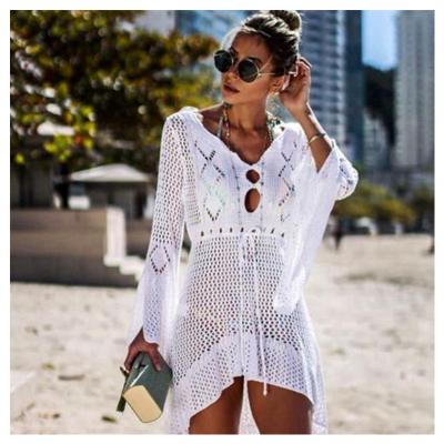 China Breathable Crochet Beach Cover Ups Long Sleeve Beach Dress Women Luxury Knitted Beachwear Hollow Out Swimwear Bikini Cover Ups 2022 for sale