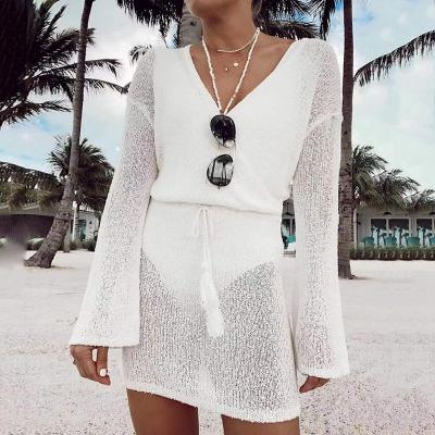 China Breathable Women's Swimsuit Cover Up Knitted Beach Maxi Dress V-Neck Crochet Beach Dress 2022 Summer Beachwear for sale