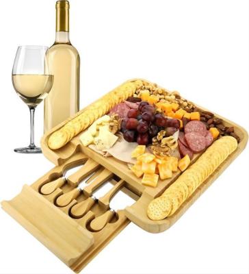 China Tray Wood Bamboo Cheese Board serving hot BAMBOO set with cutlery in slide out drawer cheese tray cutting board for sale