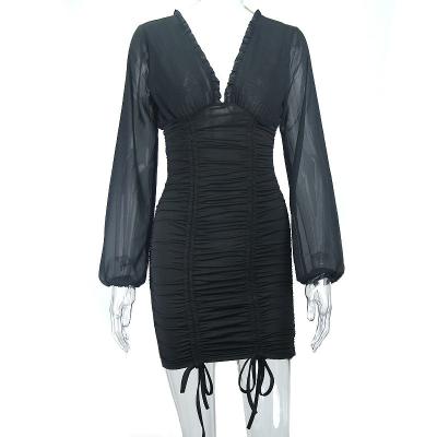 China Others Simple Swap Solid Color Bubbling Elegant Tight Long Sleeve Short Dress for sale