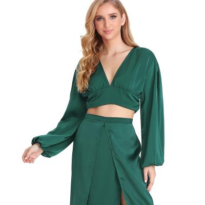 China 100% Polyester V-Neck Spring Ruched Maxi Dress Plunge Blouse Fashion Solid Color Crop Top And Slit Women's Casual Shirt QUICK DRY for sale