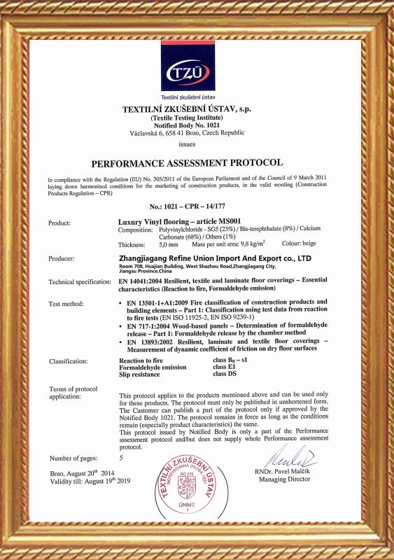 CE TEST ON PVC FLOORING - Zhangjiagang Refine Union Import and Export