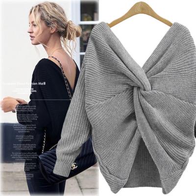 China Anti-wrinkle 2022 autumn sleeve pullover large size sweater and spring new long women's sexy deep v-neck knot for sale