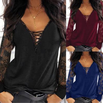 China Anti-pilling new spring and autumn ladies pullover sexy elegant V mesh shirt bottoming tops for sale