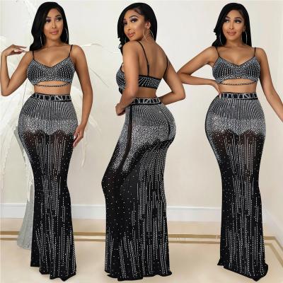 China 2022 Fashion Sexy Women's Two Piece Set Perspective Gauze Party Breathable Long Camisole Skirt for sale