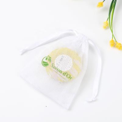 China Logo Printed Nylon Mesh Bag Custom Made Recyclable Small Mesh Soap Drawstring Cosmetic Bag White for sale