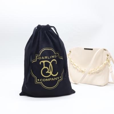 China Safety Promotion Gold Logo Cotton Flannel Dust Bag Black Tote Drawstring Cloth Dust Pouch for sale