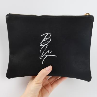 China Recyclable Faux PU Leather Makeup Bag Custom Black Luxury Leather Zipper Cosmetic Pouch for sale