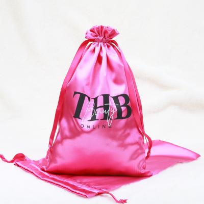 China Large Custom Printed Satin Silk Drawstring Bags Recyclable Pink Pouch For Hair for sale