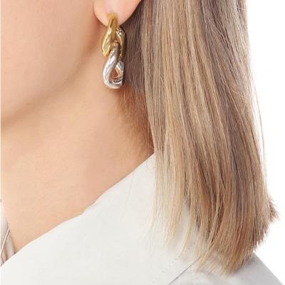 China TRENDY Gold and Silver Contrast Color Braided Earrings Double Ring Buckle Stitching Chain Earrings for sale