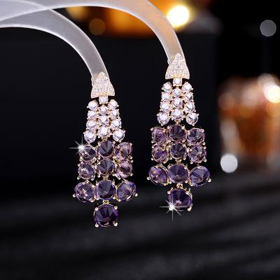 China FASHIONABLE Female Silver Long Cluster S925 Accessories Needle Zircon Color Geometric Zircon Earrings Dress Purple Earrings for sale