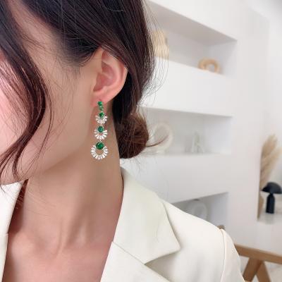 China Retro Emerald Zirconium Earrings Long Ear Clip Female Superimposed Fan-Shaped FASHIONABLE Silver Earrings 925 Earrings for sale