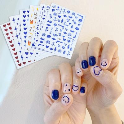 China Blue Single Nail Art Sticker Smiley Face Nail Patch 3D Klein Paper Blue Summer Flame for sale