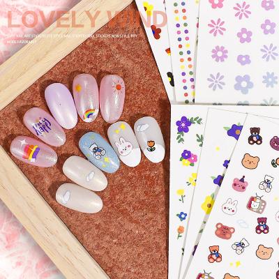 China Rainbow Flower Bear Lovely Summer 3D Animal Adhesive Nail Stickers Small Cute Paper Nail Sticker for sale