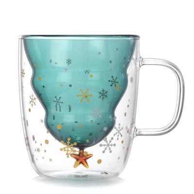 China Sustainable Borosilicate Glass Christmas Gift Mug , Christmas Tree Design Double Christmas Glass Mug for sale