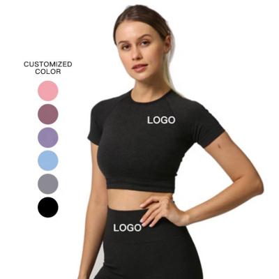 China 6 Colors Breathable Custom Clothing Logo Fitness Yoga Wear Seamless Sports Crop Top Workout Women Gym Shirt for sale