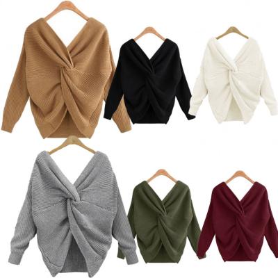 China 2021 Anti-wrinkle fashion cardigan hot sale irregular cross knit V-neck back women's pullover women's sweater for sale