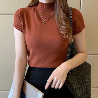 China 2021 new Anti-wrinkle fashion women girls stand up collar sweater blouse shorts sheath solid color knit slim casual sweater for sale