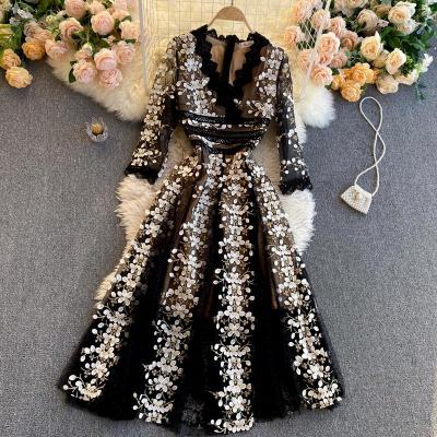 China 2021 Breathable Black Party Spring and Autumn New Women's Exquisite Flower Embroidery V-Neck Mesh Dress Women's Half Sleeve Dress for sale