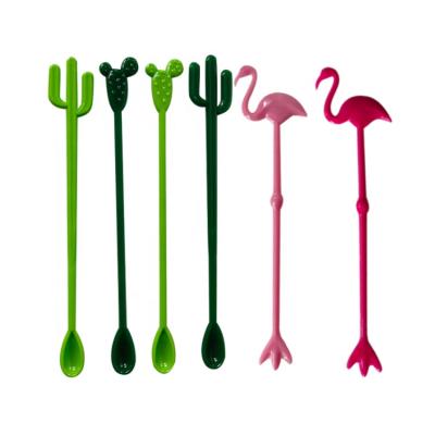 China Viable Plastic Cocktail Stirrer Spoon, Tropical Hawaiian Beach Party Accessories Cactus Flamingo Drinking Cocktail Stick for sale